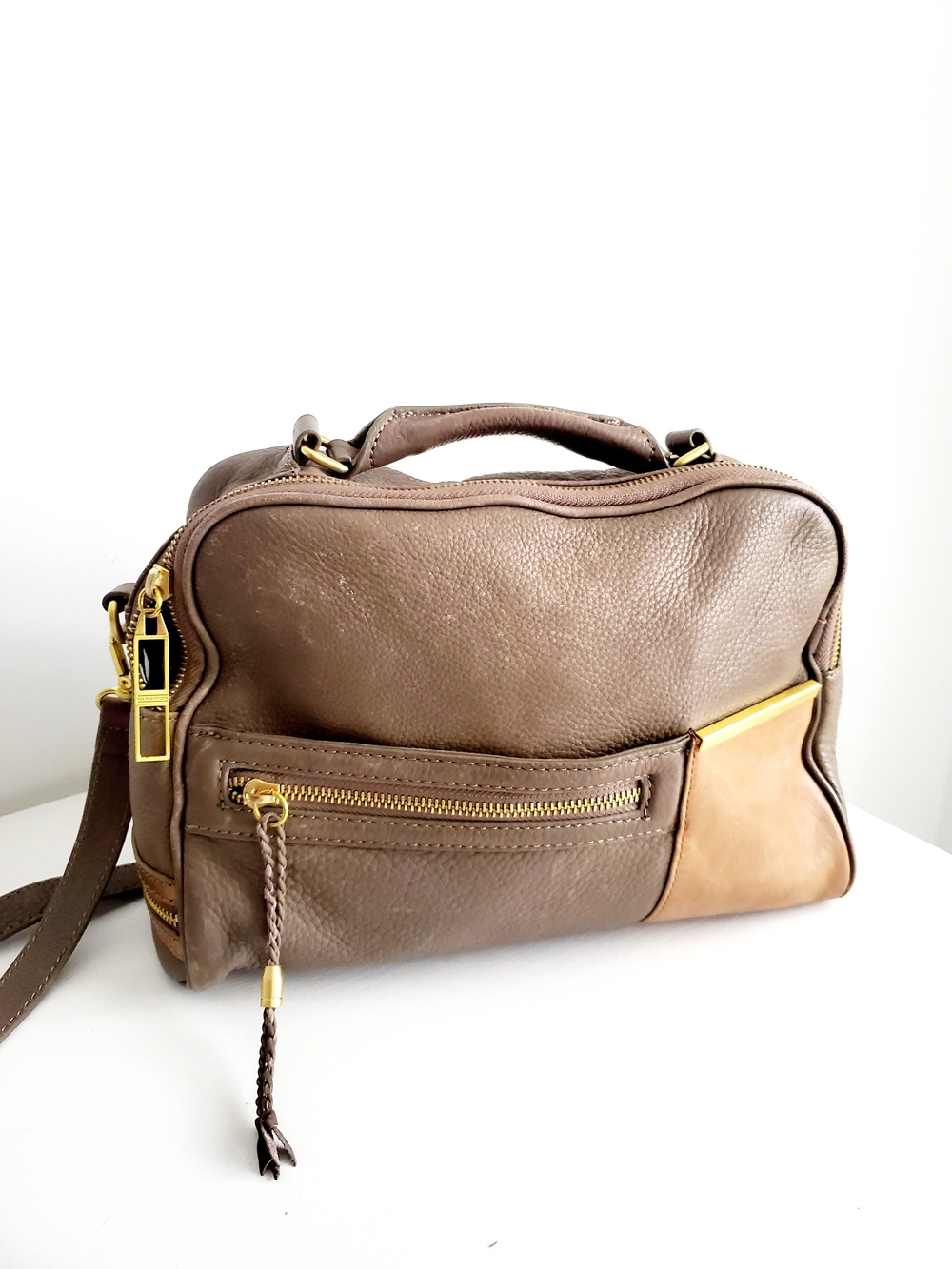 Kelsi Dagger Taupe and Tan Pebbled Leather Crossbody with Gold Hardware